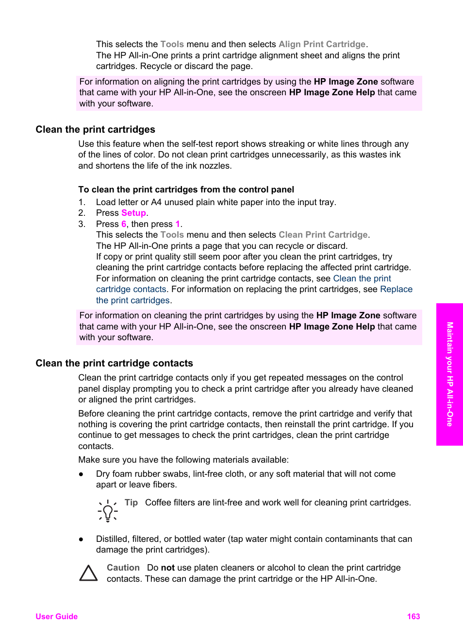 Clean the print cartridges, Clean the print cartridge contacts | HP 7200 User Manual | Page 166 / 240