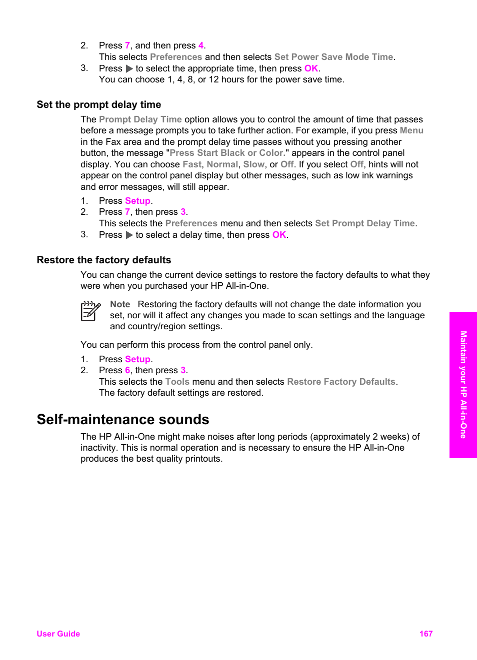 Set the prompt delay time, Restore the factory defaults, Self-maintenance sounds | HP 7200 User Manual | Page 170 / 240