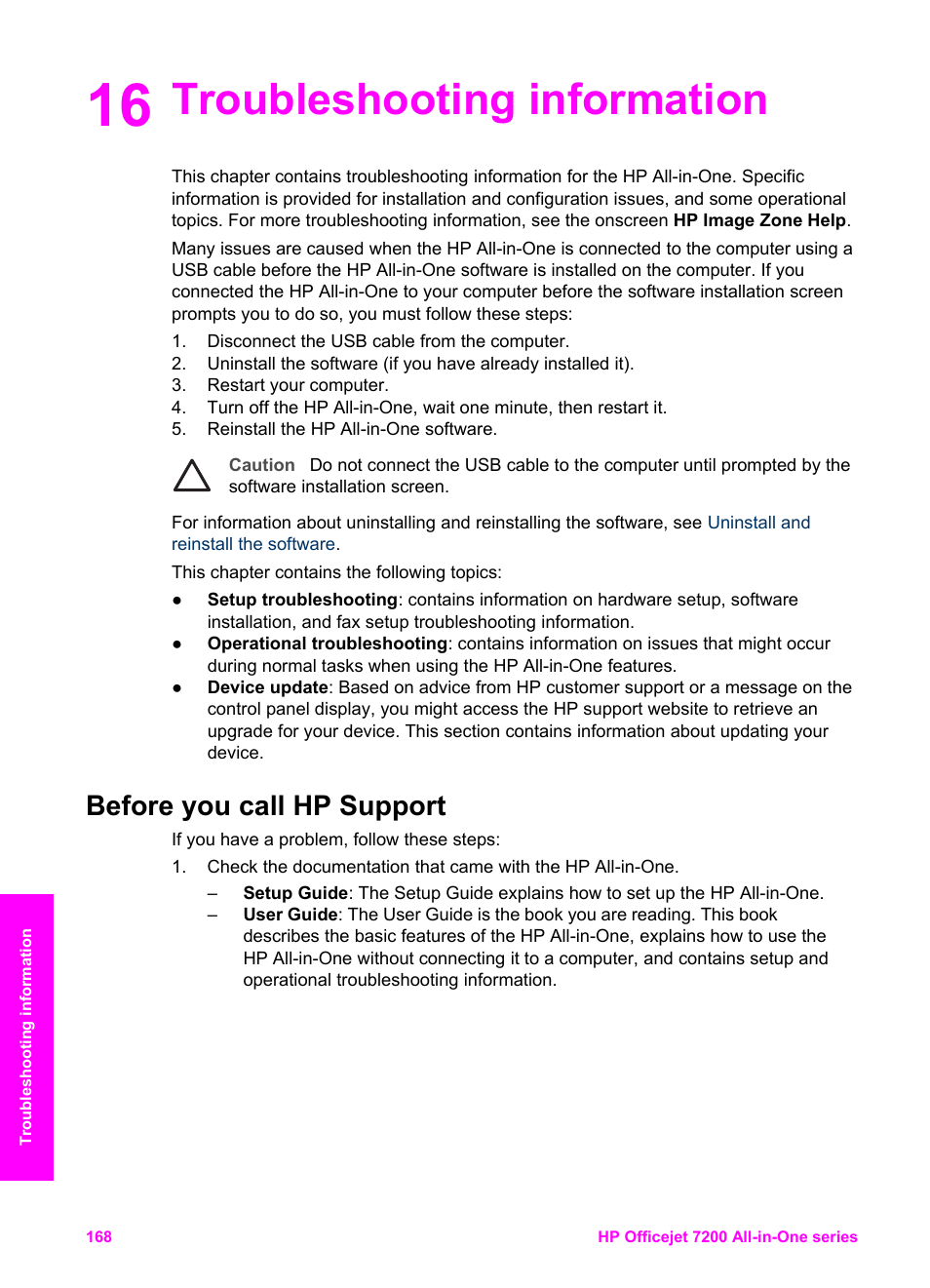 Troubleshooting information, Before you call hp support, 16 troubleshooting information | HP 7200 User Manual | Page 171 / 240