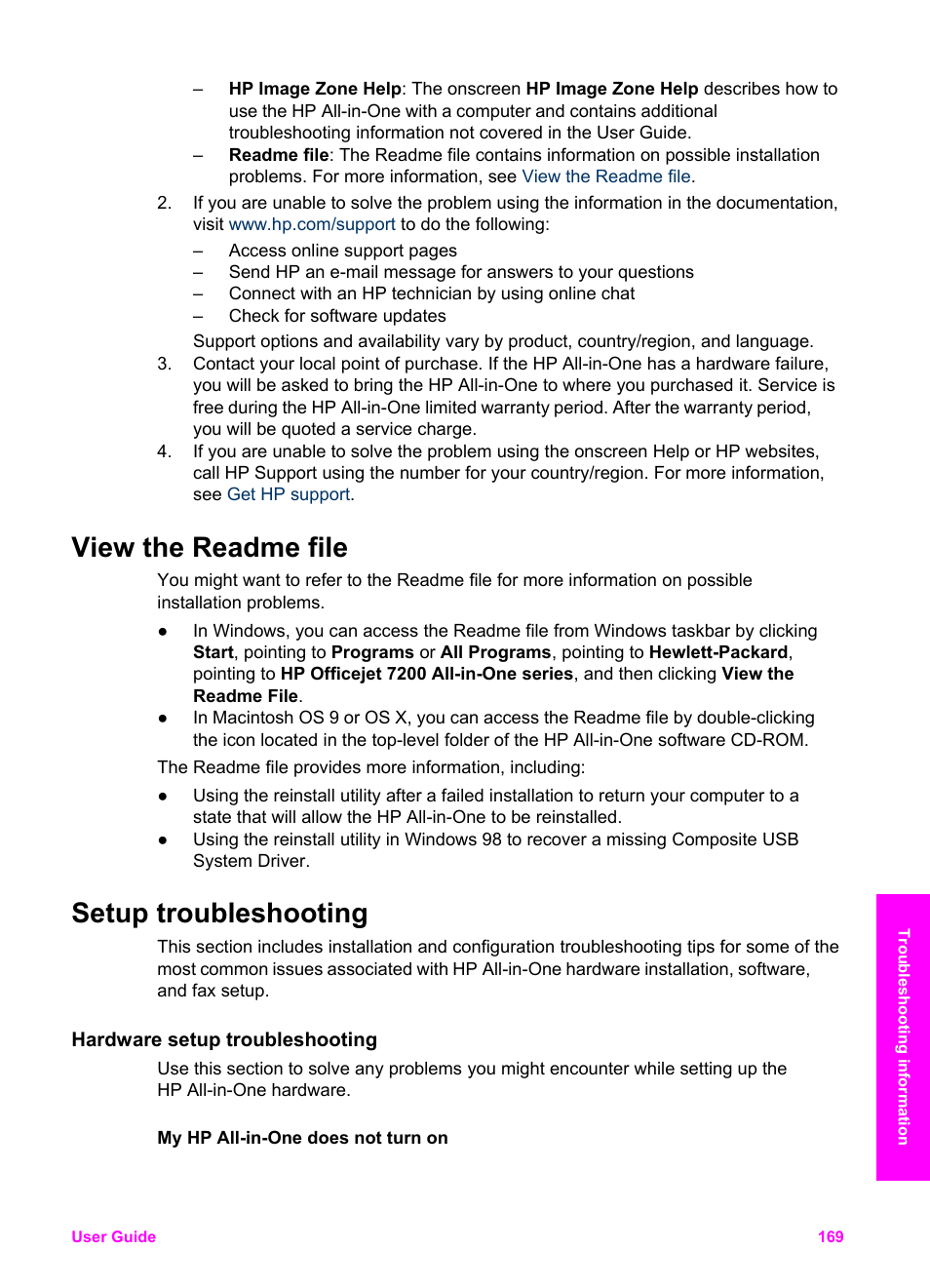 View the readme file, Setup troubleshooting, Hardware setup troubleshooting | View the readme file setup troubleshooting | HP 7200 User Manual | Page 172 / 240