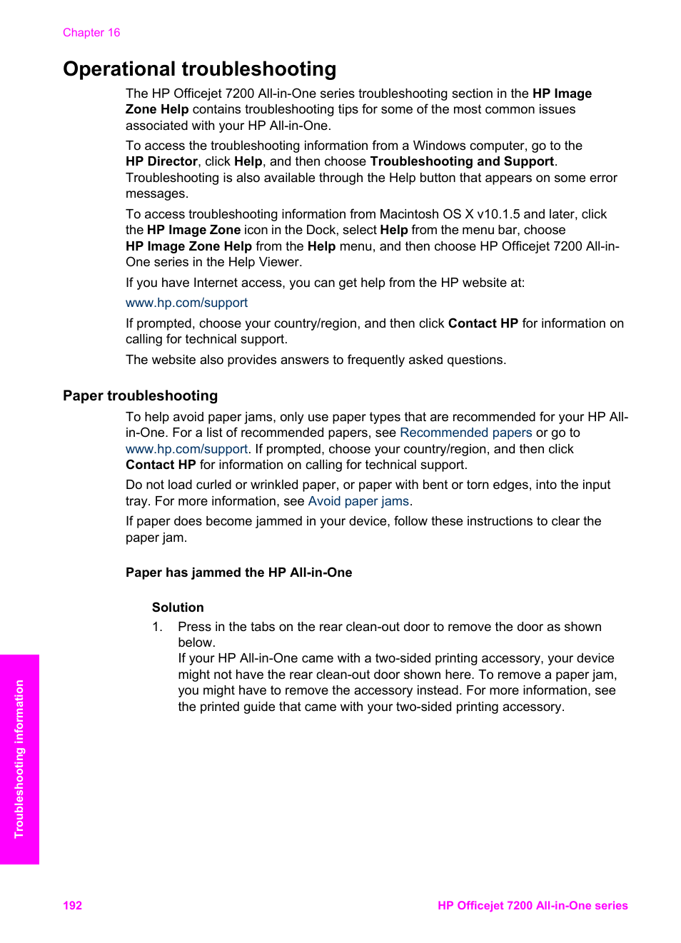 Operational troubleshooting, Paper troubleshooting, Paper has jammed the | Hp all-in-one | HP 7200 User Manual | Page 195 / 240