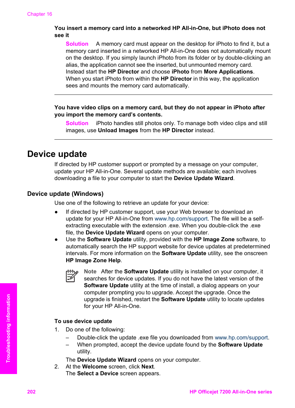 Device update, Device update (windows), Device update (windows) device update (macintosh) | HP 7200 User Manual | Page 205 / 240