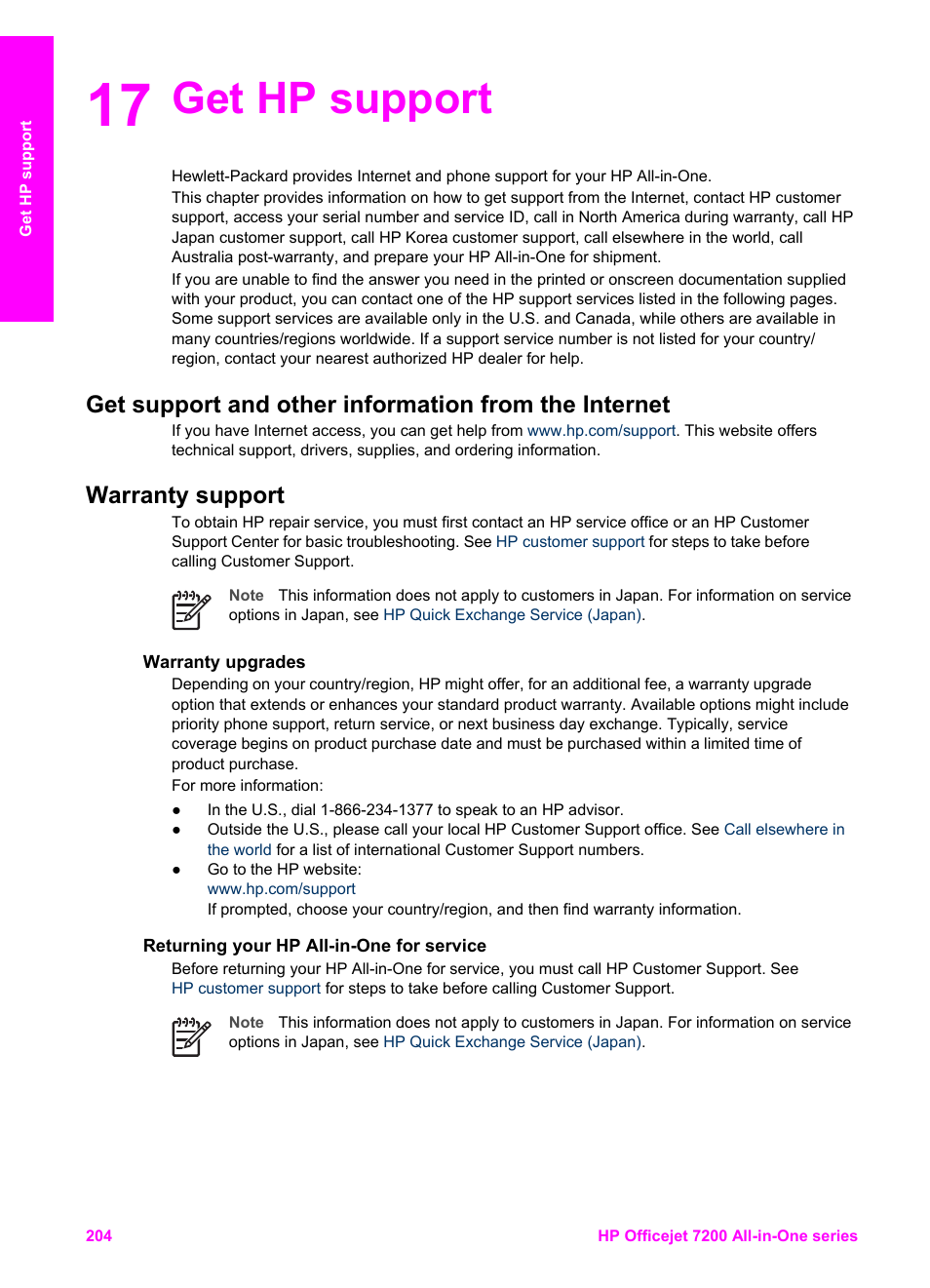 Get hp support, Warranty support, Warranty upgrades | Returning your hp all-in-one for service, 17 get hp support | HP 7200 User Manual | Page 207 / 240