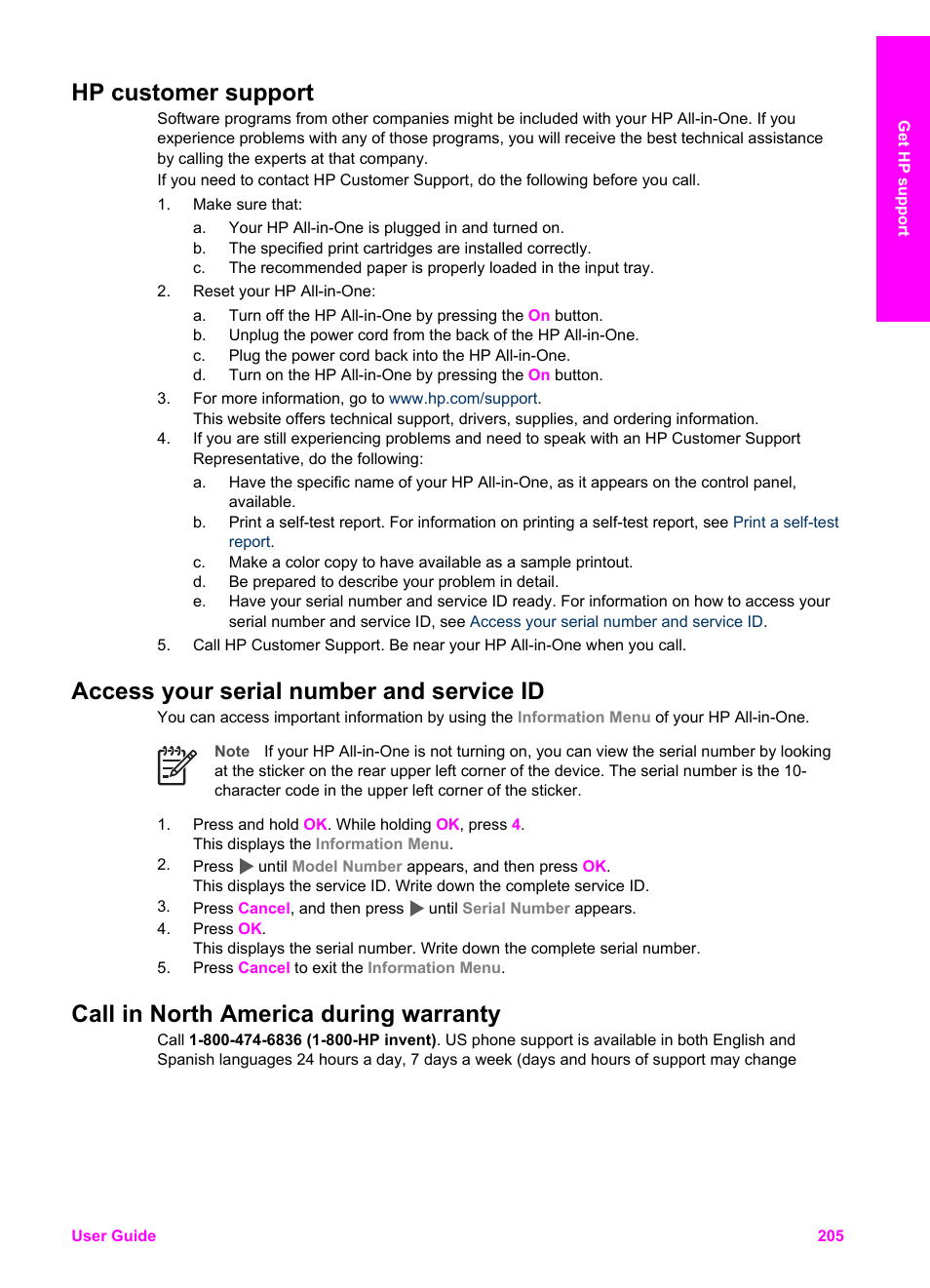 Hp customer support, Access your serial number and service id, Call in north america during warranty | For steps | HP 7200 User Manual | Page 208 / 240