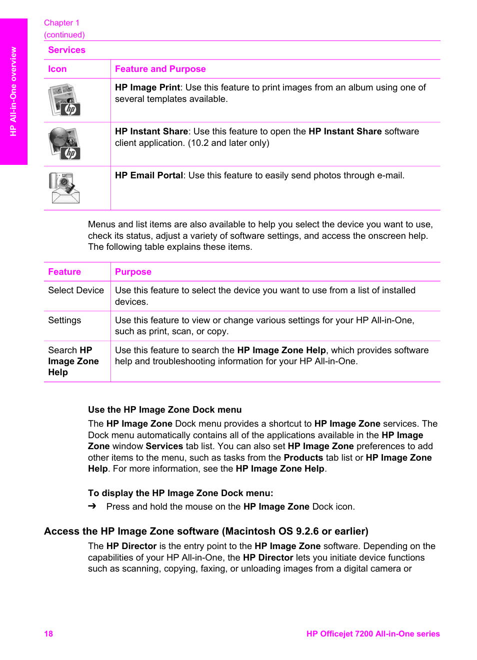 Use the hp image zone dock menu | HP 7200 User Manual | Page 21 / 240