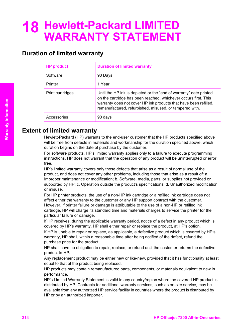 Hewlett-packard limited warranty statement, Duration of limited warranty, Extent of limited warranty | 18 hewlett-packard limited warranty statement | HP 7200 User Manual | Page 217 / 240