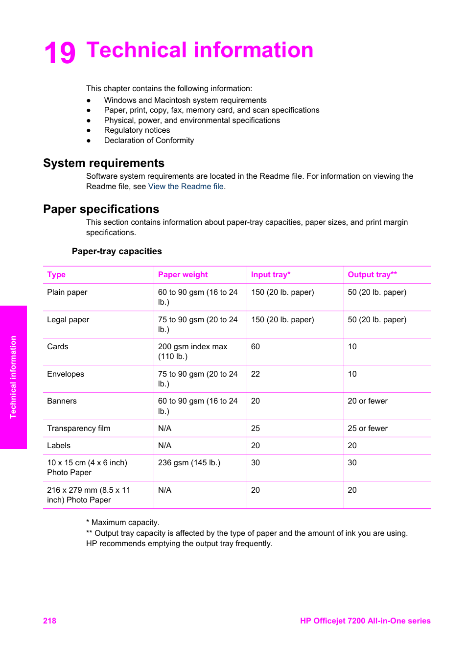 Technical information, System requirements, Paper specifications | Paper-tray capacities, 19 technical information, System requirements paper specifications | HP 7200 User Manual | Page 221 / 240