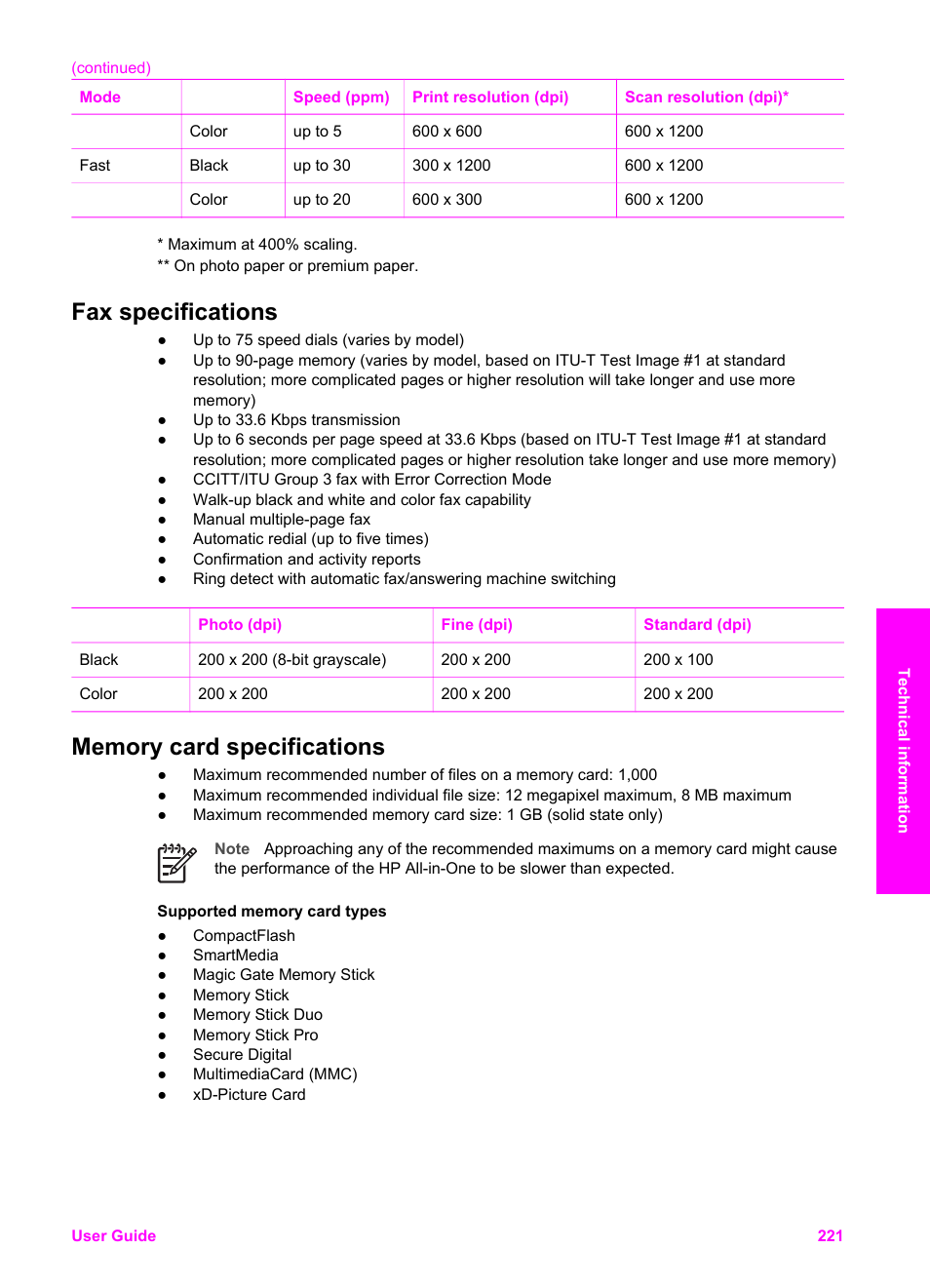 Fax specifications, Memory card specifications, Fax specifications memory card specifications | HP 7200 User Manual | Page 224 / 240