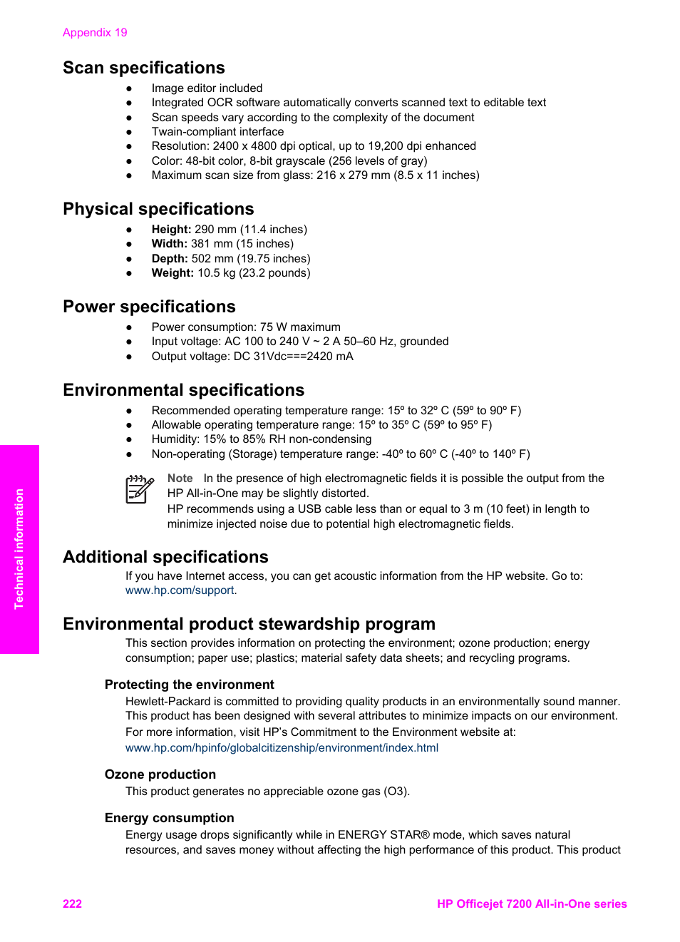 Scan specifications, Physical specifications, Power specifications | Environmental specifications, Additional specifications, Environmental product stewardship program, Protecting the environment, Ozone production, Energy consumption | HP 7200 User Manual | Page 225 / 240