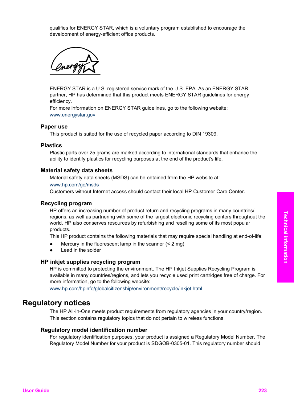 Paper use, Plastics, Material safety data sheets | Recycling program, Hp inkjet supplies recycling program, Regulatory notices, Regulatory model identification number | HP 7200 User Manual | Page 226 / 240