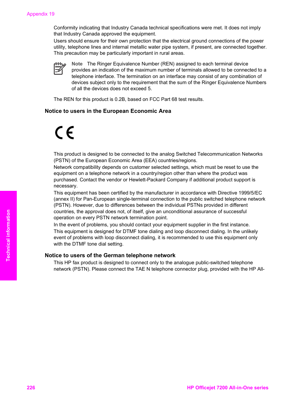 Notice to users in the european economic area, Notice to users of the german telephone network | HP 7200 User Manual | Page 229 / 240