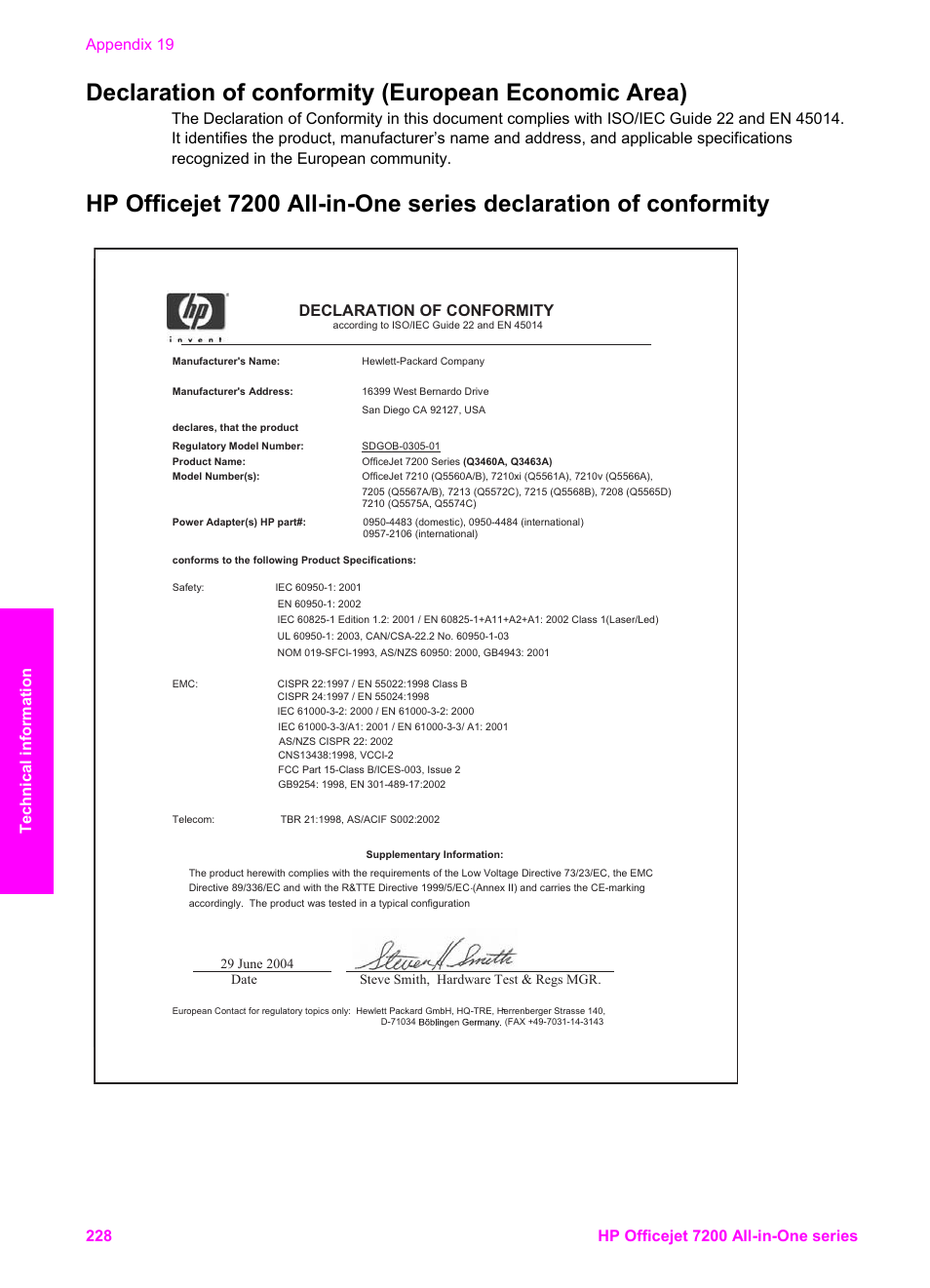 Declaration of conformity (european economic area), Declaration of conformity | HP 7200 User Manual | Page 231 / 240