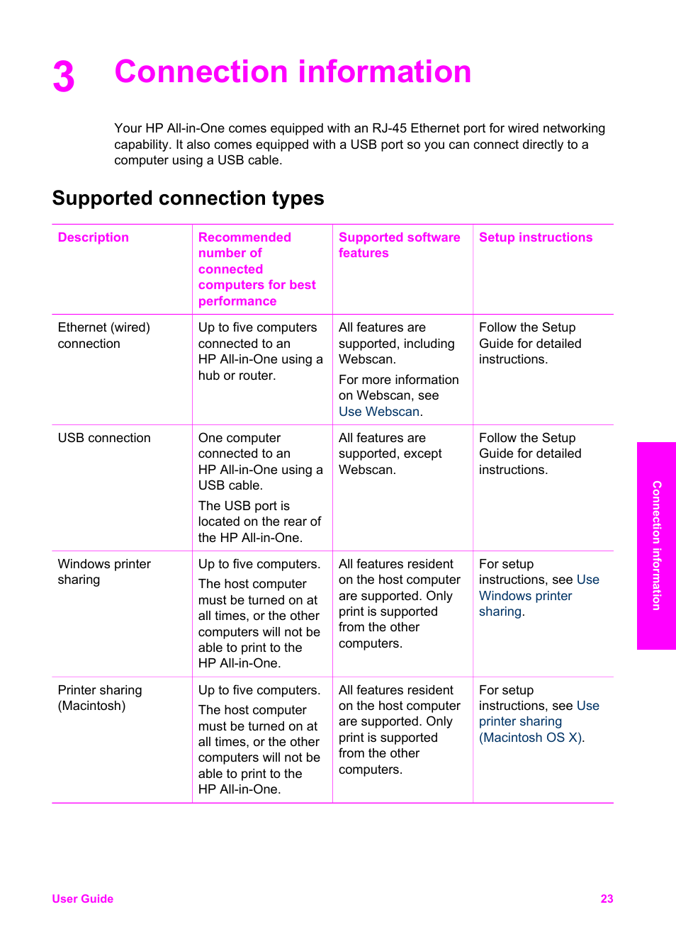 Connection information, Supported connection types | HP 7200 User Manual | Page 26 / 240