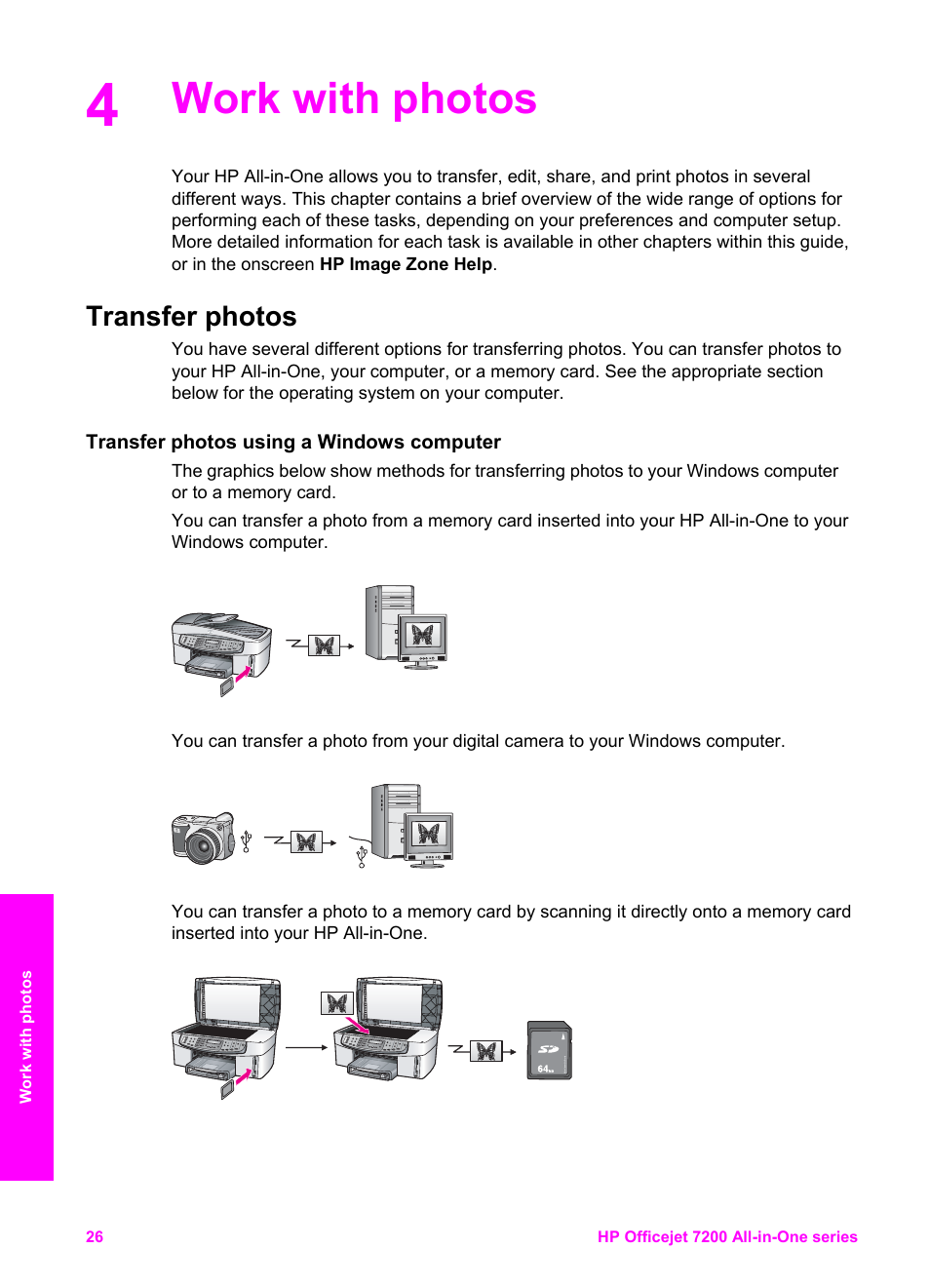 Work with photos, Transfer photos, Transfer photos using a windows computer | HP 7200 User Manual | Page 29 / 240