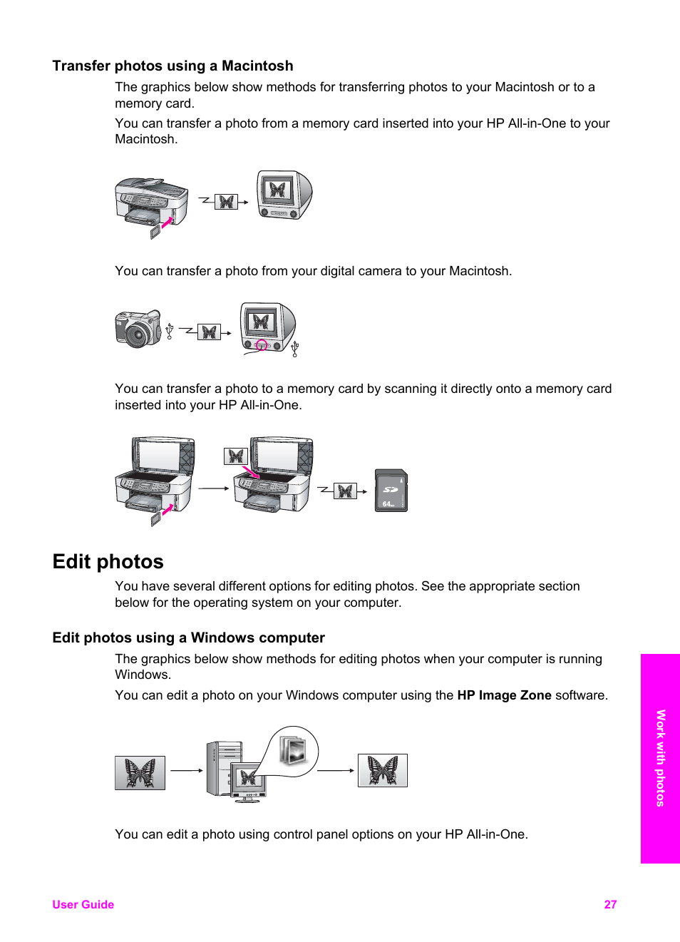 Transfer photos using a macintosh, Edit photos, Edit photos using a windows computer | HP 7200 User Manual | Page 30 / 240