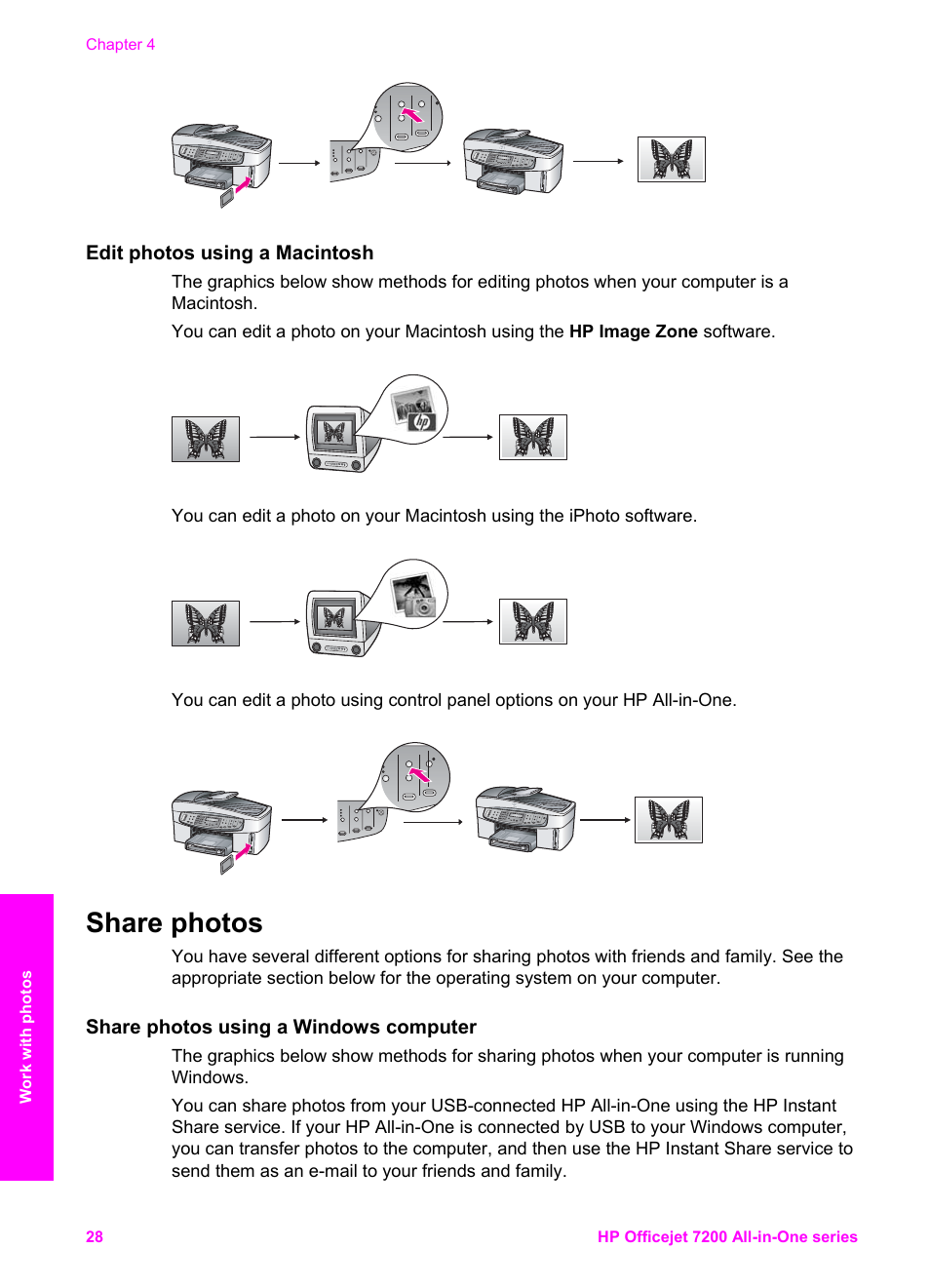 Edit photos using a macintosh, Share photos, Share photos using a windows computer | HP 7200 User Manual | Page 31 / 240