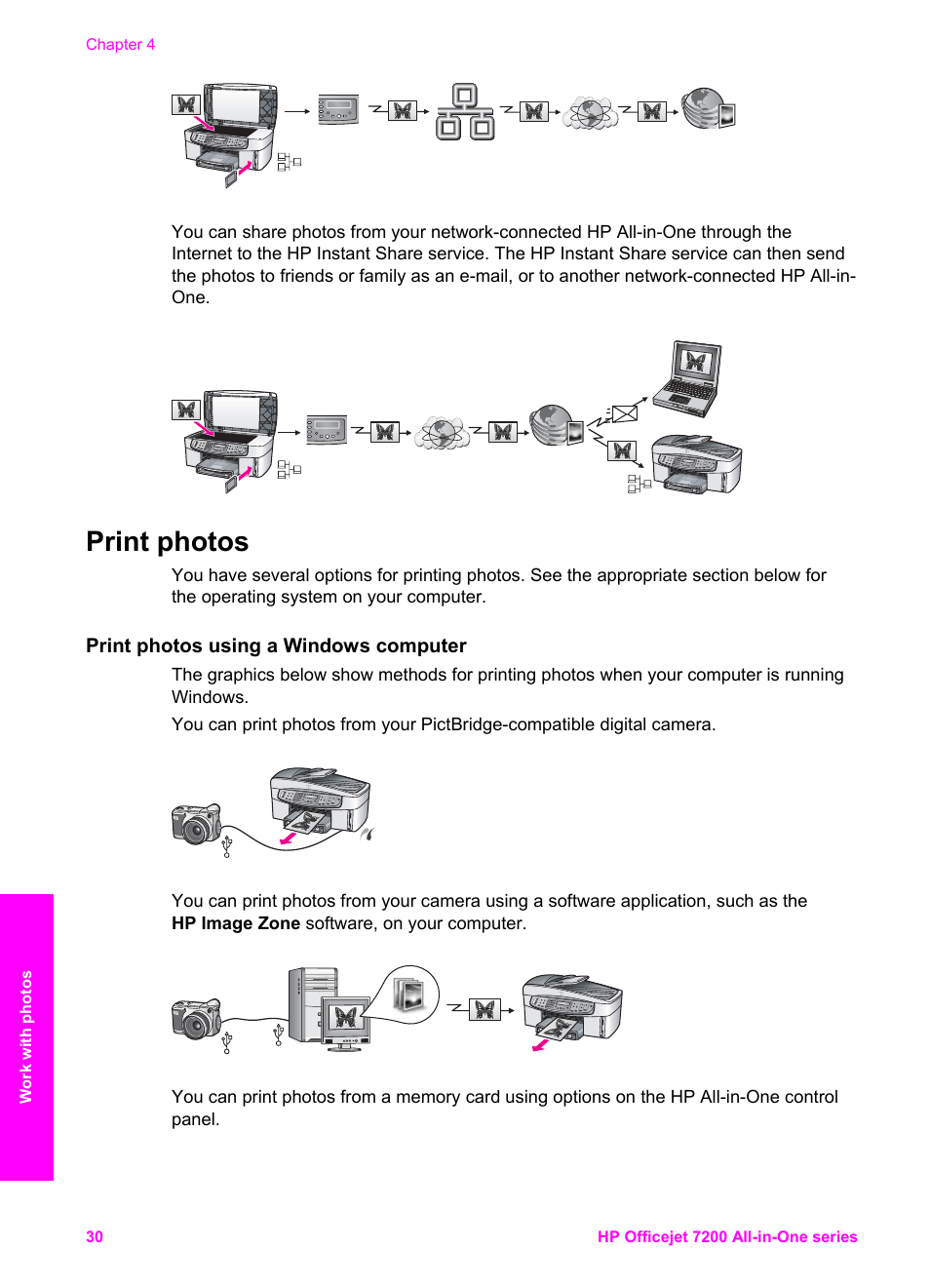Print photos, Print photos using a windows computer | HP 7200 User Manual | Page 33 / 240