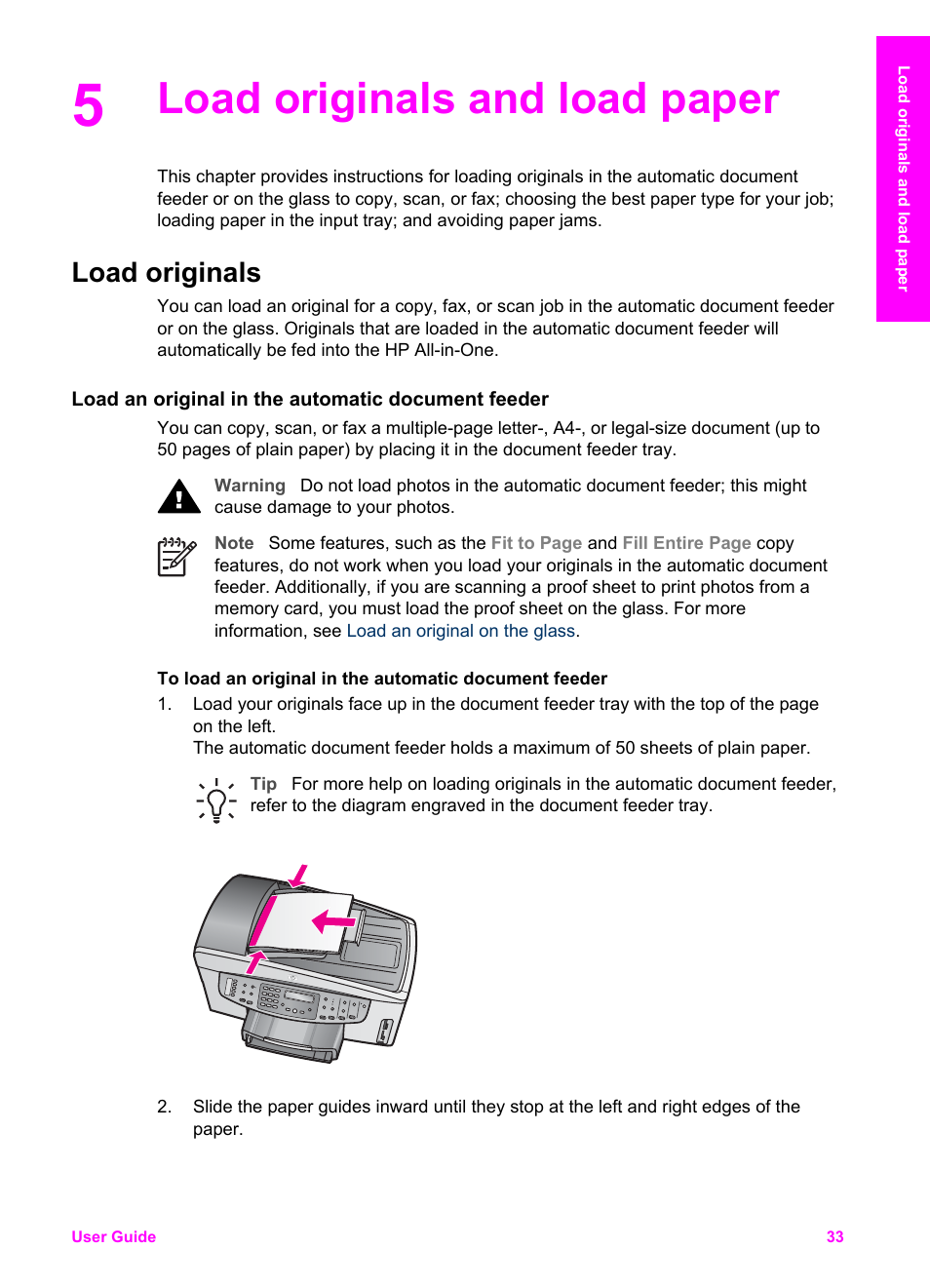 Load originals and load paper, Load originals, Load an original in the automatic document feeder | HP 7200 User Manual | Page 36 / 240