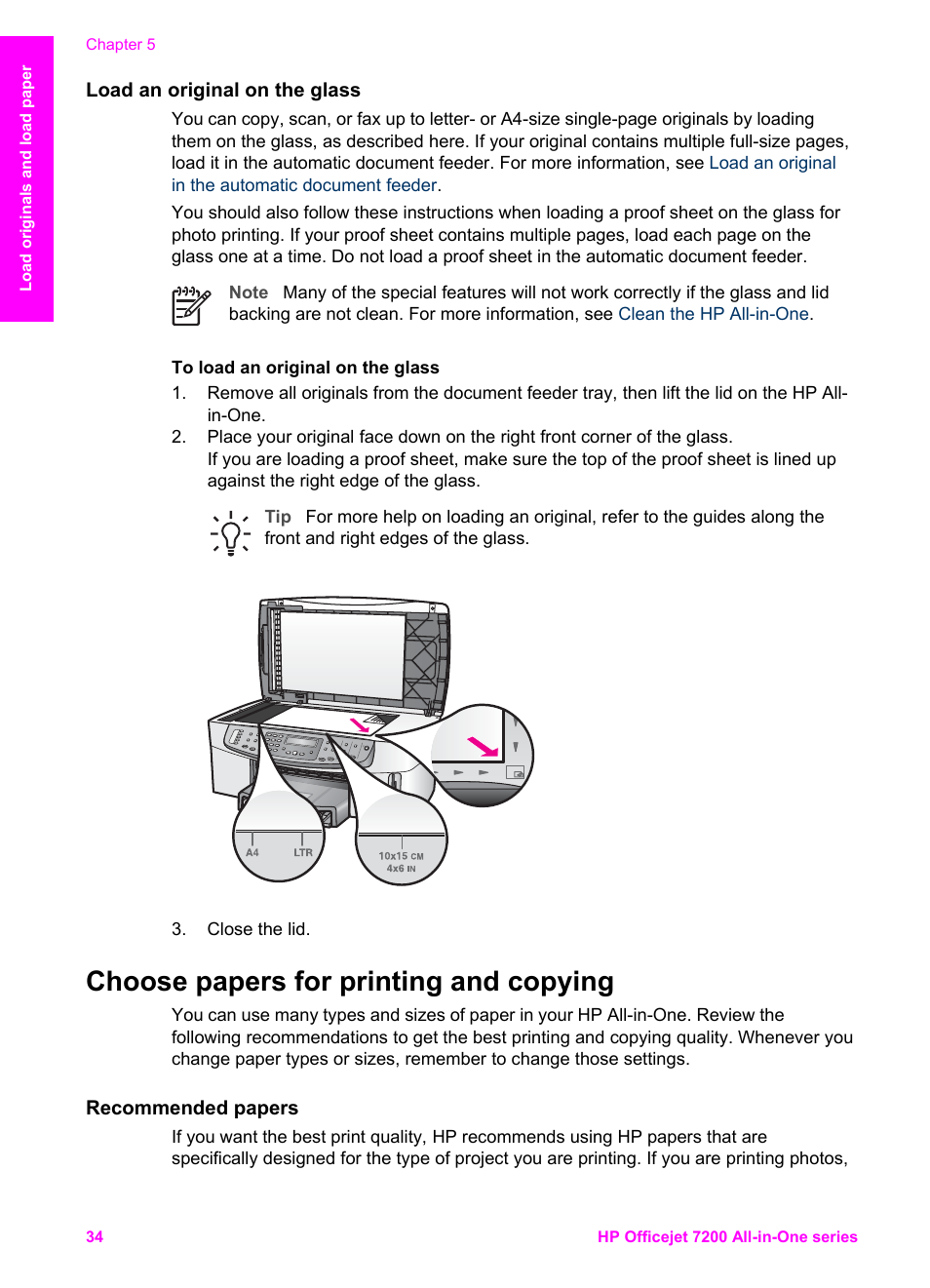 Load an original on the glass, Choose papers for printing and copying, Recommended papers | Recommended papers papers to avoid | HP 7200 User Manual | Page 37 / 240