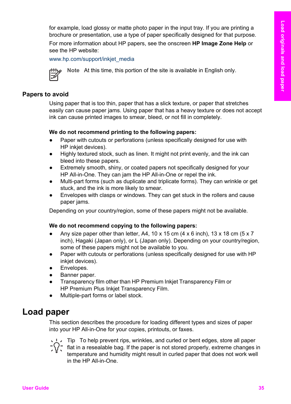 Papers to avoid, Load paper, Load full-size paper | HP 7200 User Manual | Page 38 / 240