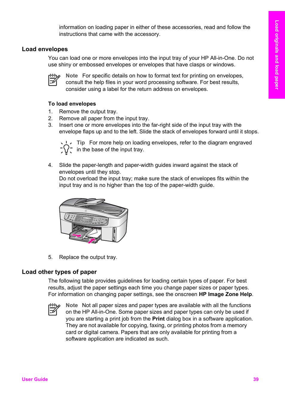 Load envelopes, Load other types of paper | HP 7200 User Manual | Page 42 / 240