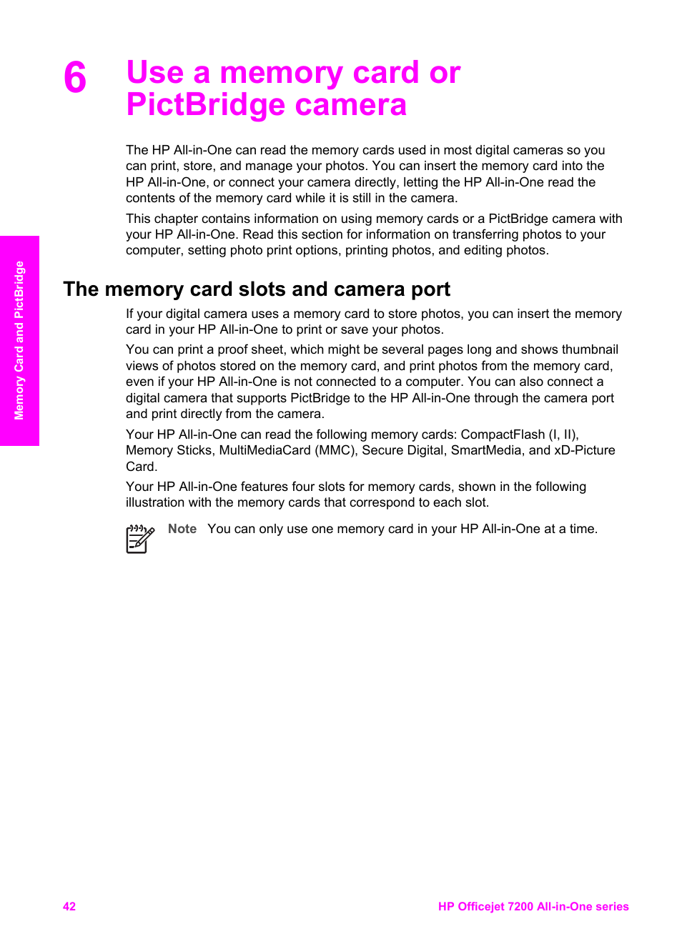 Use a memory card or pictbridge camera, The memory card slots and camera port | HP 7200 User Manual | Page 45 / 240