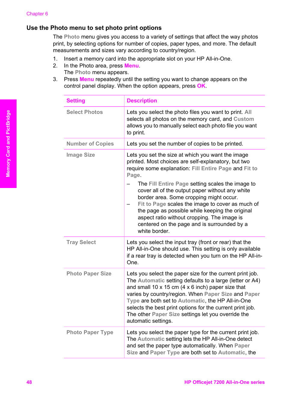 Use the photo menu to set photo print options | HP 7200 User Manual | Page 51 / 240