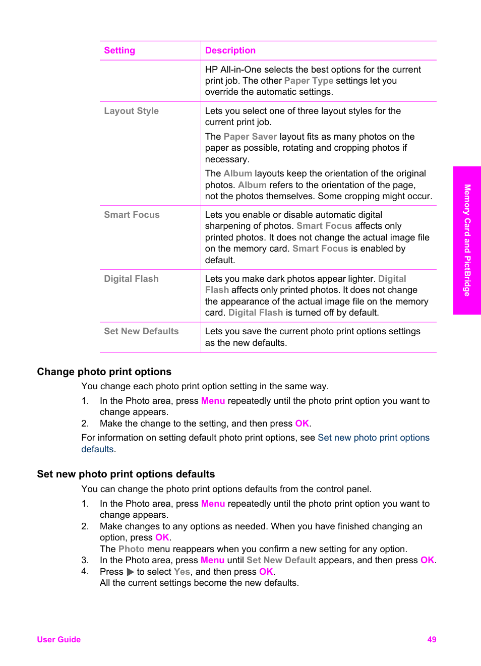 Change photo print options, Set new photo print options defaults | HP 7200 User Manual | Page 52 / 240