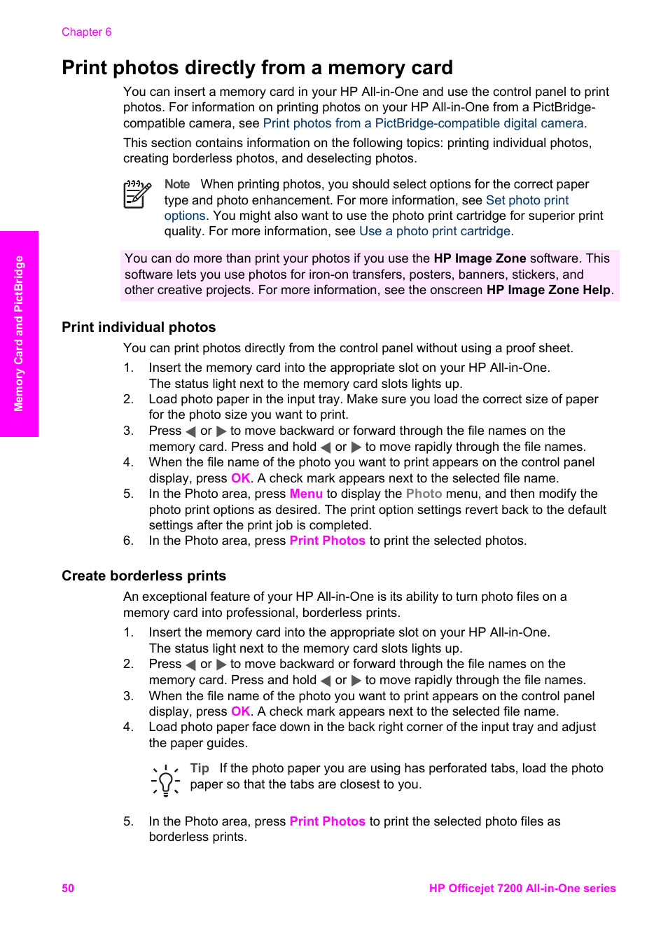 Print photos directly from a memory card, Print individual photos, Create borderless prints | HP 7200 User Manual | Page 53 / 240