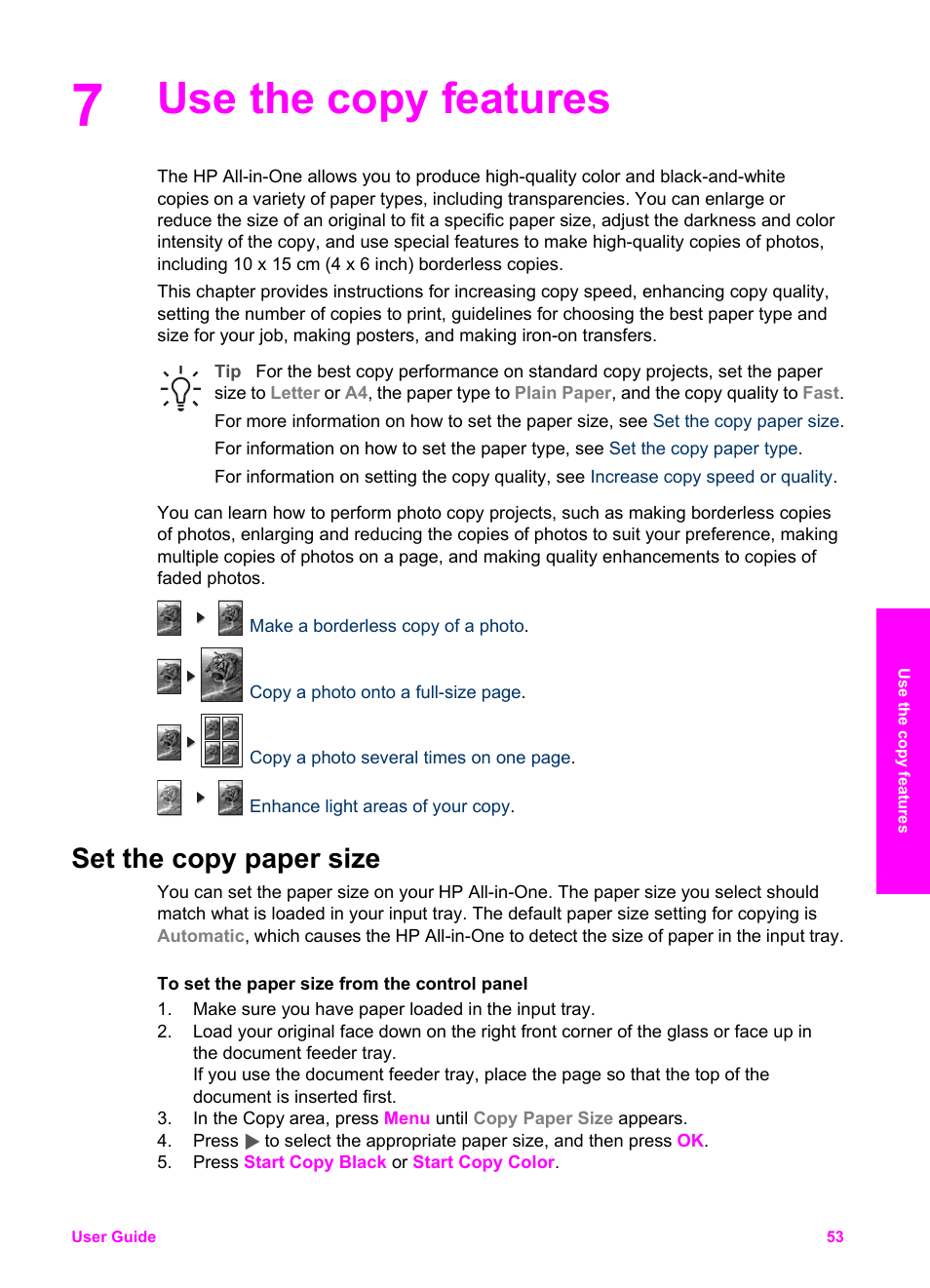 Use the copy features, Set the copy paper size | HP 7200 User Manual | Page 56 / 240