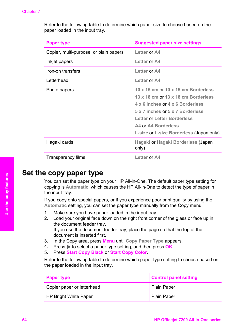 Set the copy paper type | HP 7200 User Manual | Page 57 / 240