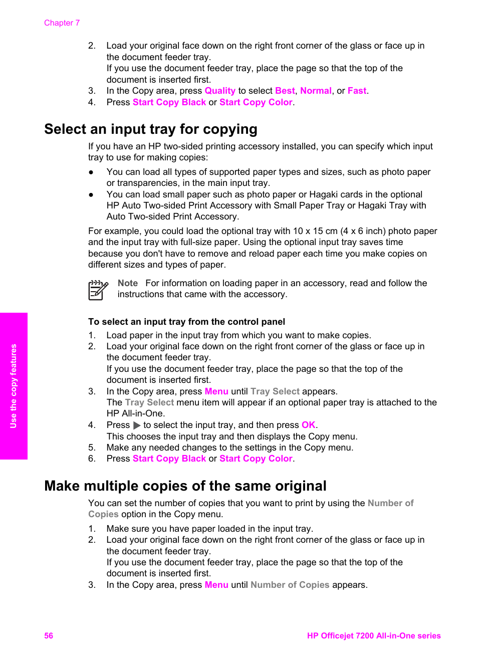 Select an input tray for copying, Make multiple copies of the same original | HP 7200 User Manual | Page 59 / 240