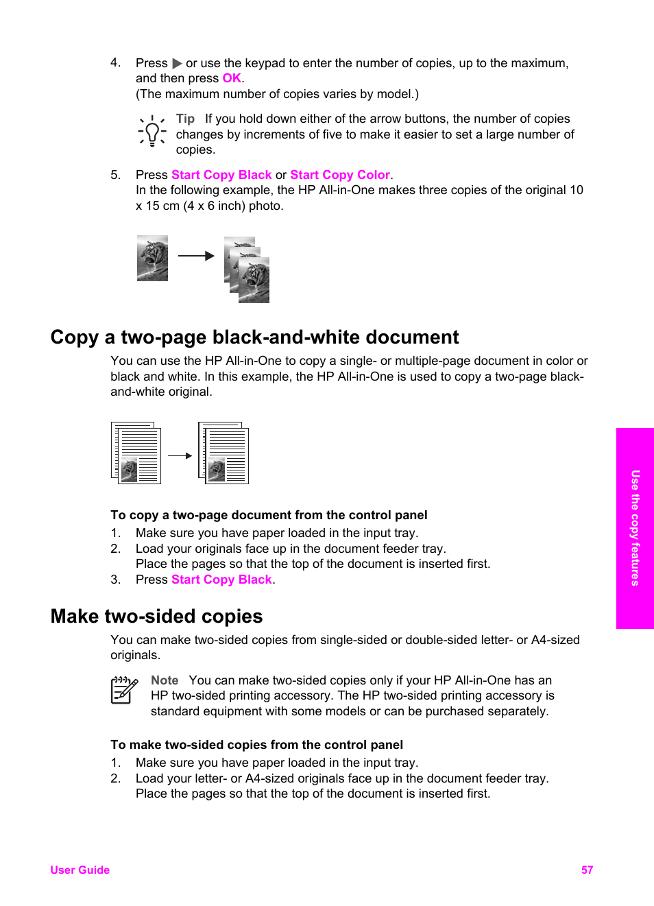 Make two-sided copies, Copy a two-page black-and-white document | HP 7200 User Manual | Page 60 / 240