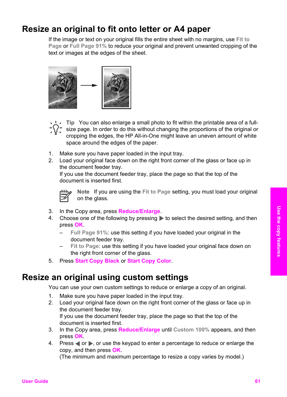 Resize an original to fit onto letter or a4 paper, Resize an original using custom settings | HP 7200 User Manual | Page 64 / 240