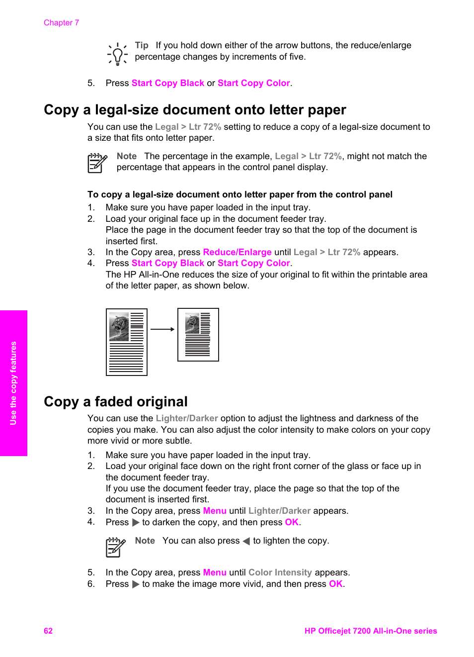 Copy a legal-size document onto letter paper, Copy a faded original | HP 7200 User Manual | Page 65 / 240