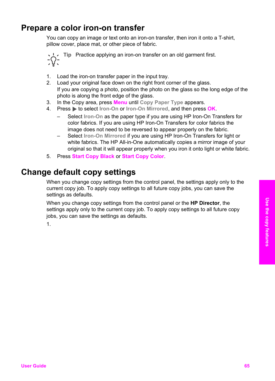 Prepare a color iron-on transfer, Change default copy settings | HP 7200 User Manual | Page 68 / 240