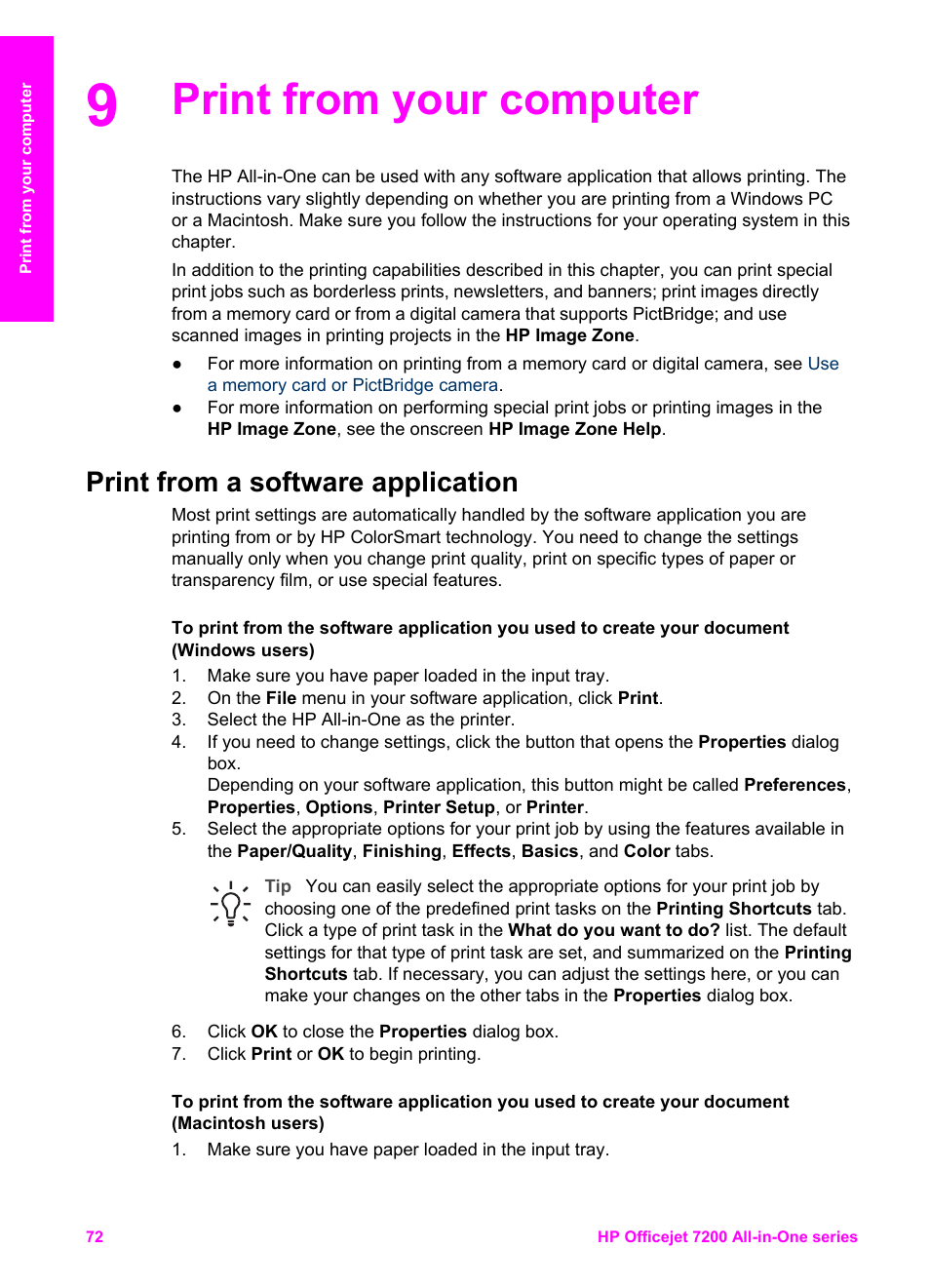 Print from your computer, Print from a software application | HP 7200 User Manual | Page 75 / 240