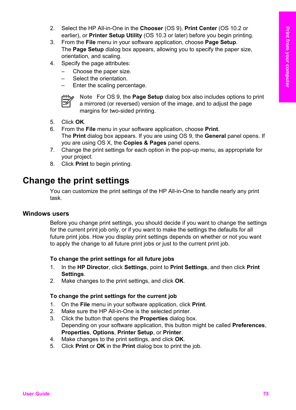 Change the print settings, Windows users, Windows users macintosh users | HP 7200 User Manual | Page 76 / 240