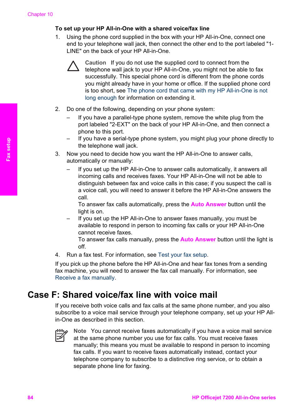 Case f: shared voice/fax line with voice mail | HP 7200 User Manual | Page 87 / 240