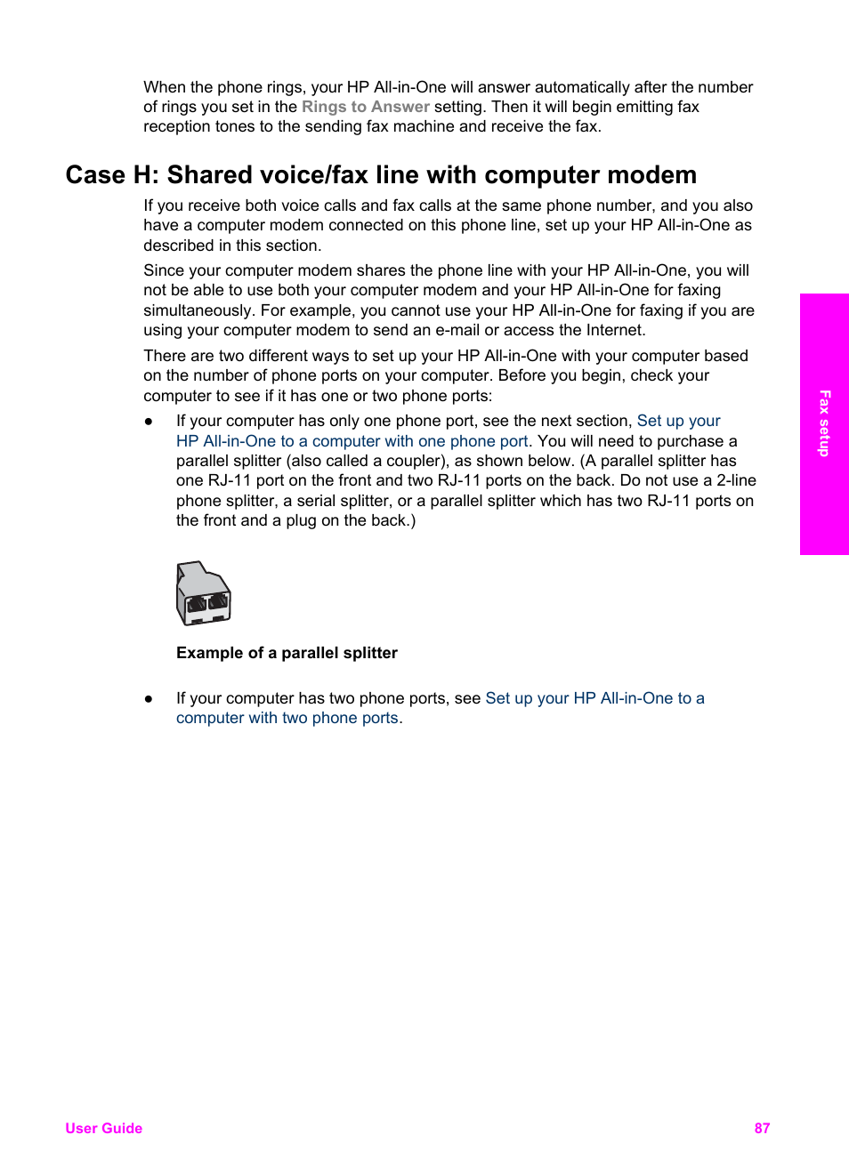 Case h: shared voice/fax line with computer modem | HP 7200 User Manual | Page 90 / 240