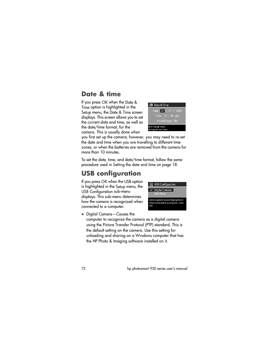 Date & time, Usb configuration | HP 930 Series User Manual | Page 72 / 118