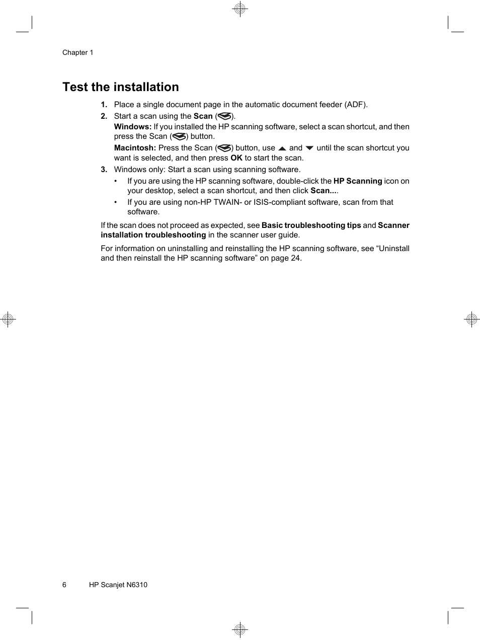 Test the installation | HP Scanjet N6310 User Manual | Page 10 / 128