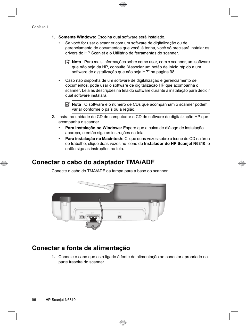 Conectar o cabo do adaptador tma/adf, Conectar a fonte de alimentação | HP Scanjet N6310 User Manual | Page 100 / 128