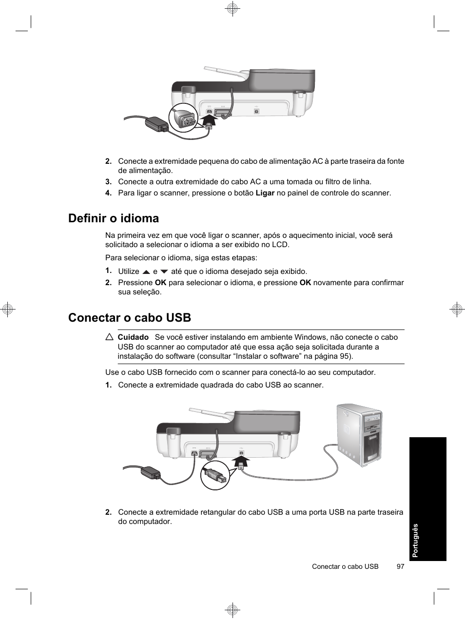 Definir o idioma, Conectar o cabo usb | HP Scanjet N6310 User Manual | Page 101 / 128