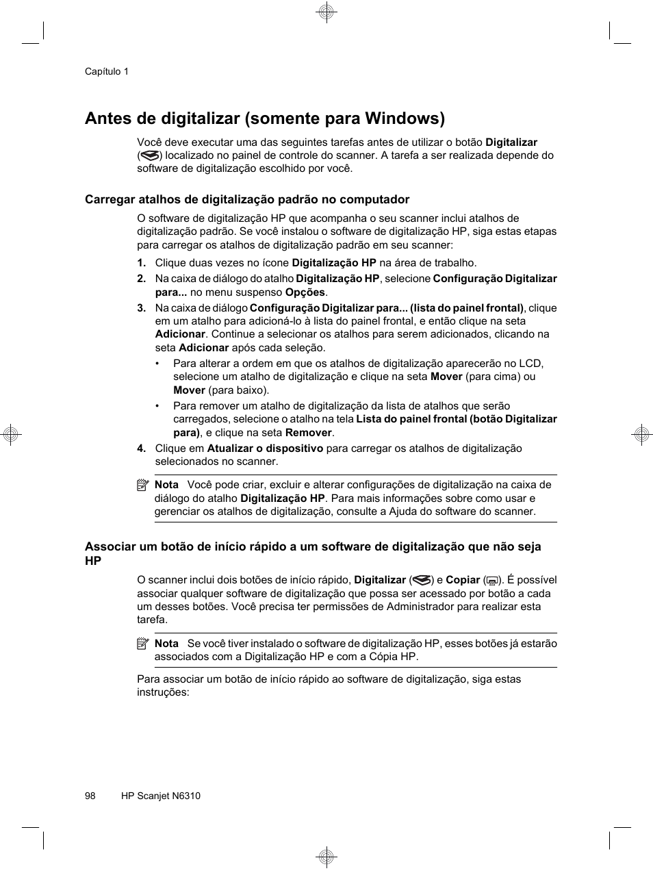 Antes de digitalizar (somente para windows) | HP Scanjet N6310 User Manual | Page 102 / 128