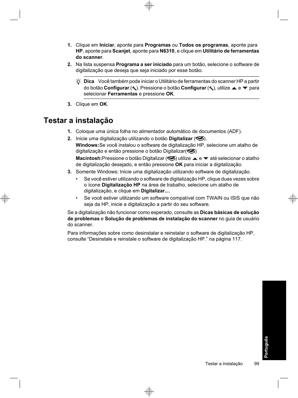 Testar a instalação | HP Scanjet N6310 User Manual | Page 103 / 128