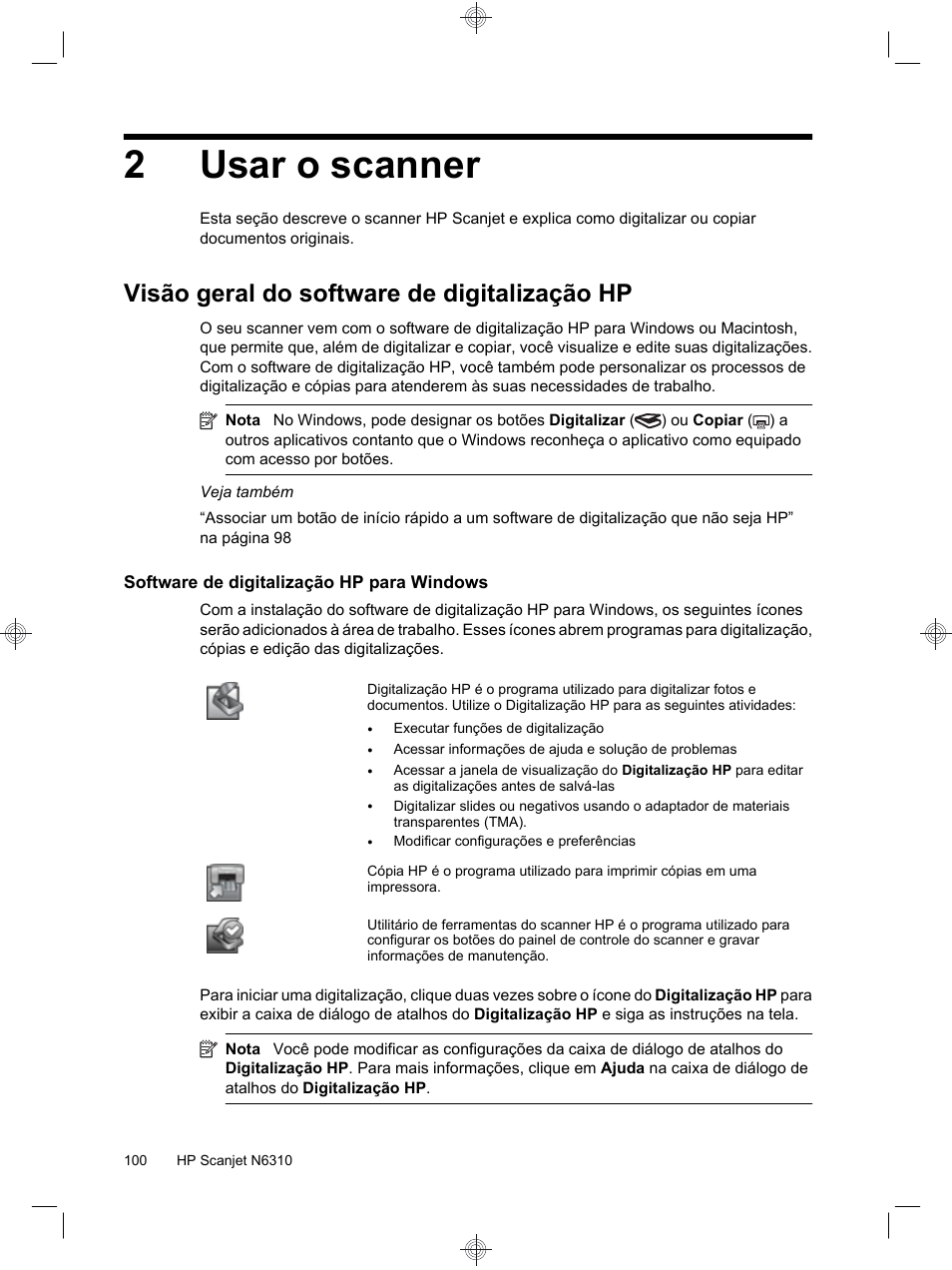 2usar o scanner, Visão geral do software de digitalização hp | HP Scanjet N6310 User Manual | Page 104 / 128