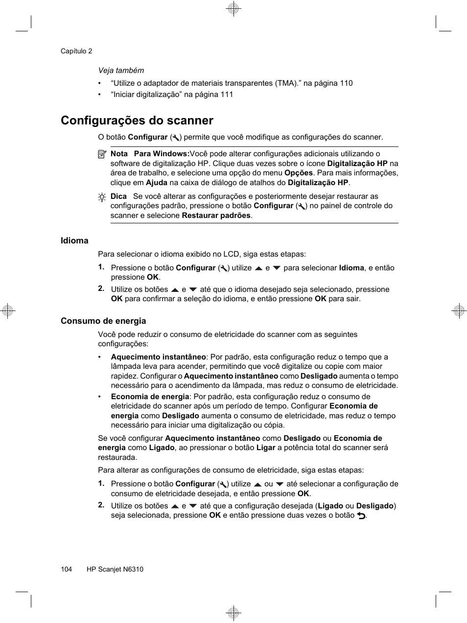 Configurações do scanner | HP Scanjet N6310 User Manual | Page 108 / 128