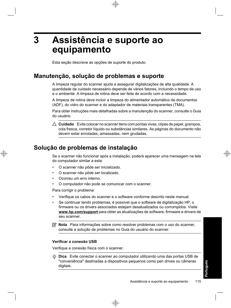 3assistência e suporte ao equipamento, Manutenção, solução de problemas e suporte, Solução de problemas de instalação | HP Scanjet N6310 User Manual | Page 119 / 128