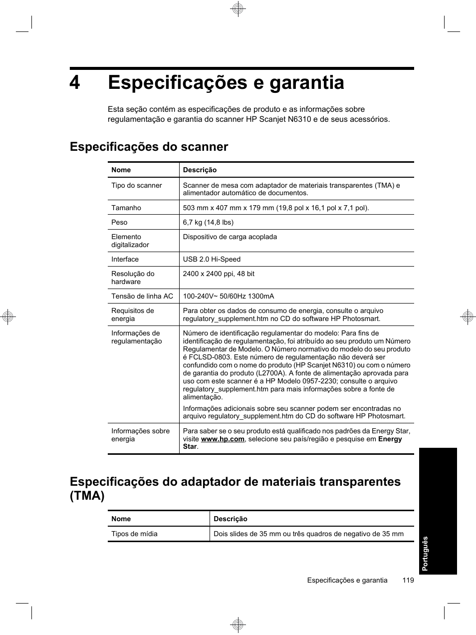 4especificações e garantia, Especificações do scanner | HP Scanjet N6310 User Manual | Page 123 / 128